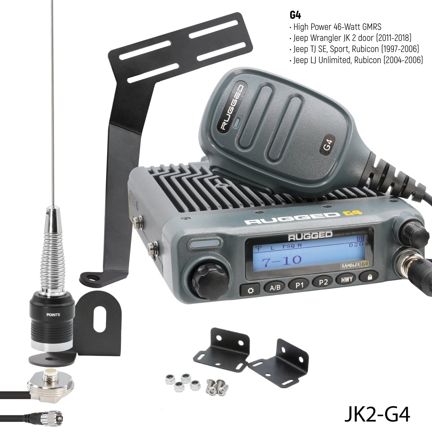 GMRS Mobile Radio Kit for Jeep Wrangler TJ LJ and JK - JK 2-Door (11-18) and TJ (97-06) and LJ (04-06) / Rambler G4